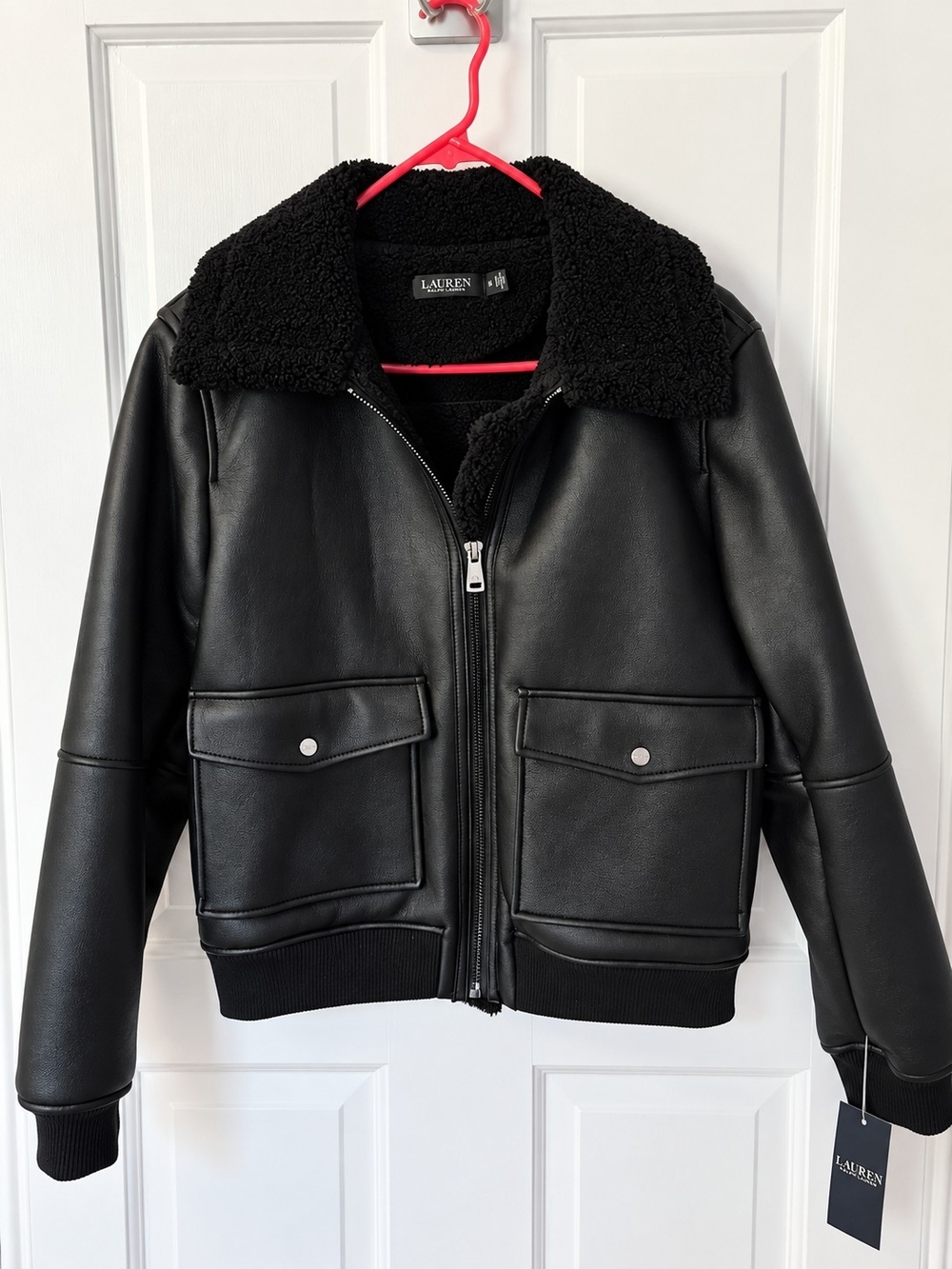 Lauren Ralph Lauren Black Faux Leather Bomber with Sherpa Collar